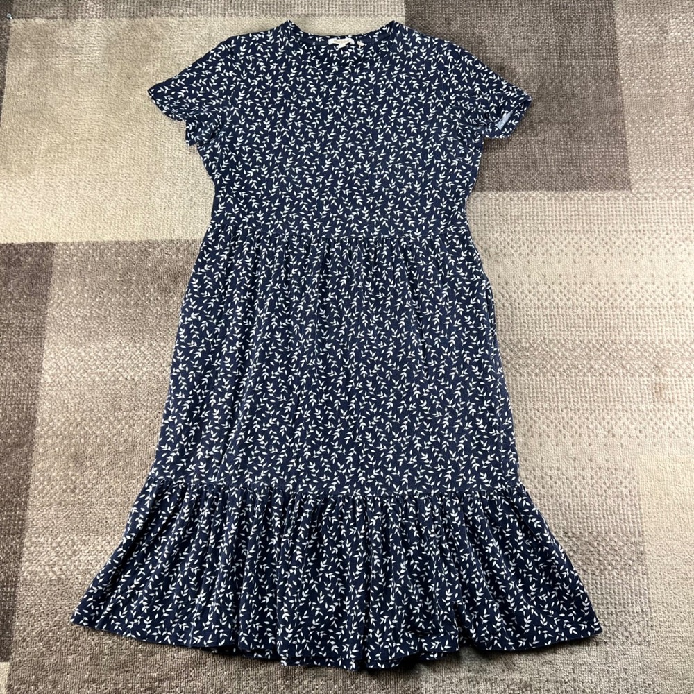 Barbour Seaholly Dress Navy Blue White Floral Leaf Print Tiered Midi Size US 8